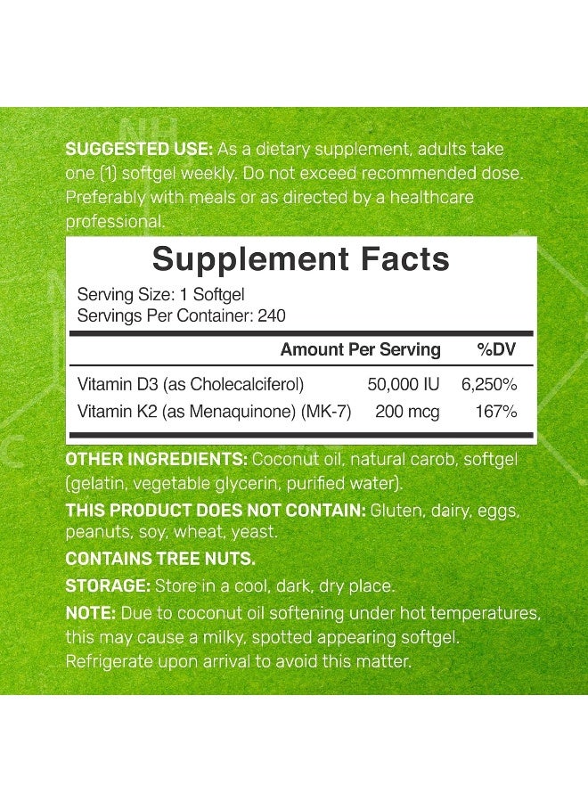 DEAL SUPPLEMENT فيتامين د3 50,000 وحدة دولية + ك2 MK7 200 ميكروغرام، 240 كبسولة لينة - Image 2