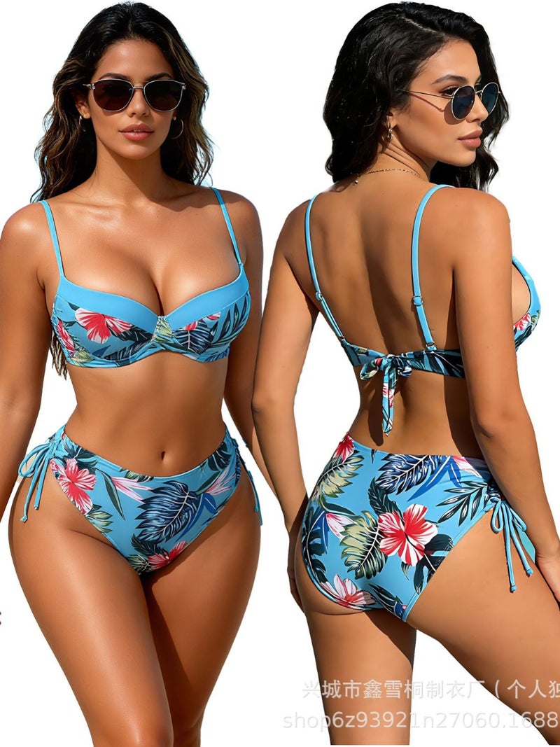 2025 Trendy Printed Halterneck Suspender Bikini Split System With Spring - Image 2