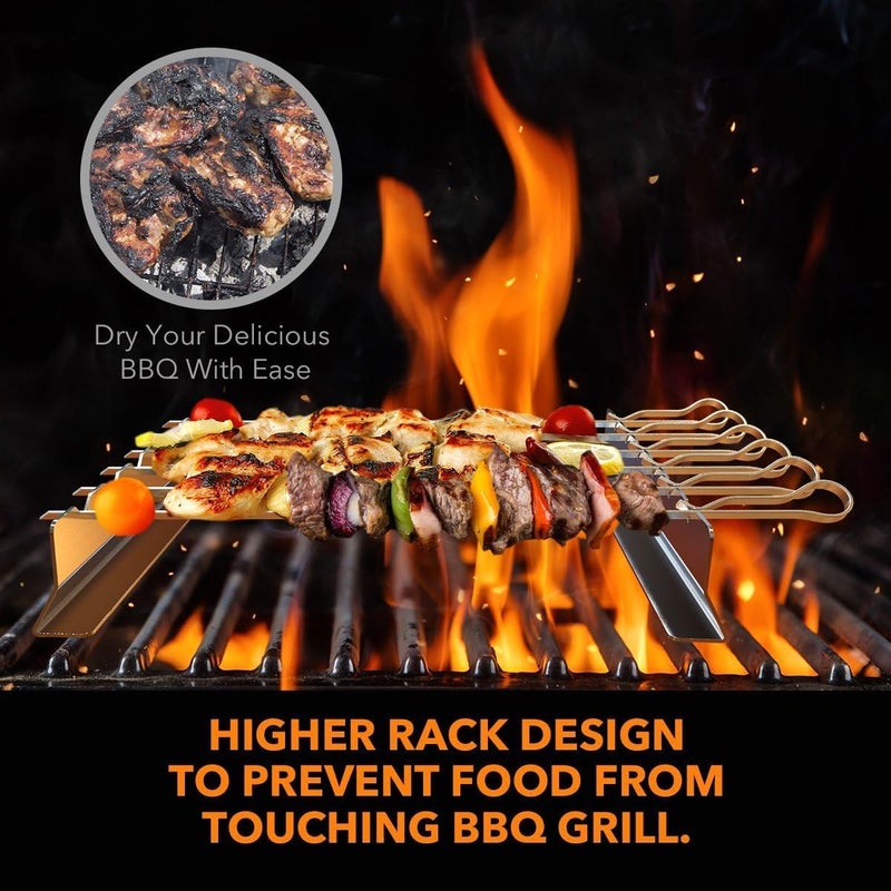 Azonee Barbecue Skewer Kabob Skewers Stainless Steel Shish Kabob Skewers Flat BBQ Metal Skewers Reusable Grilling Skewers for Grilling 6 Skewers 2 Grill Racks with Storage Bag - Image 3