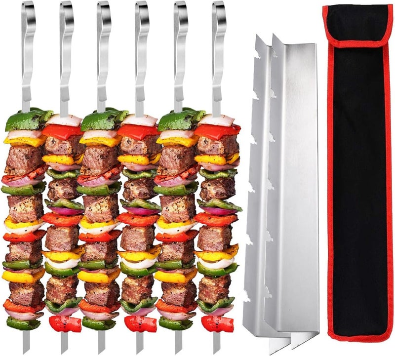 Azonee Barbecue Skewer Kabob Skewers Stainless Steel Shish Kabob Skewers Flat BBQ Metal Skewers Reusable Grilling Skewers for Grilling 6 Skewers 2 Grill Racks with Storage Bag - Image 1