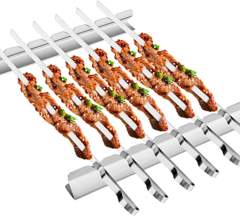 Azonee Barbecue Skewer Kabob Skewers Stainless Steel Shish Kabob Skewers Flat BBQ Metal Skewers Reusable Grilling Skewers for Grilling 6 Skewers 2 Grill Racks with Storage Bag - Image 2