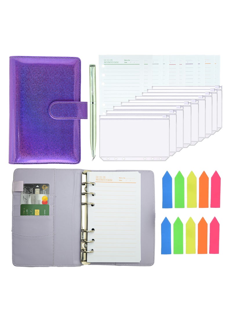 Money envelope, budget papers, and expenses - with cash envelopes for budgeting and saving money - colored sticky notes and a metal pen - purple - Image 1