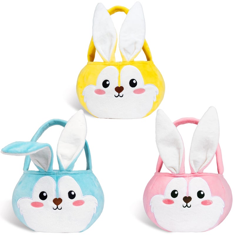 LUBOT Easter Baskets 3 Pack Cute Empty Bunny Basket with Foldable Ears and Handle for Kids Boy Girl Gift, Easter Decor Set 3 Pink Blue Yellow - Image 1