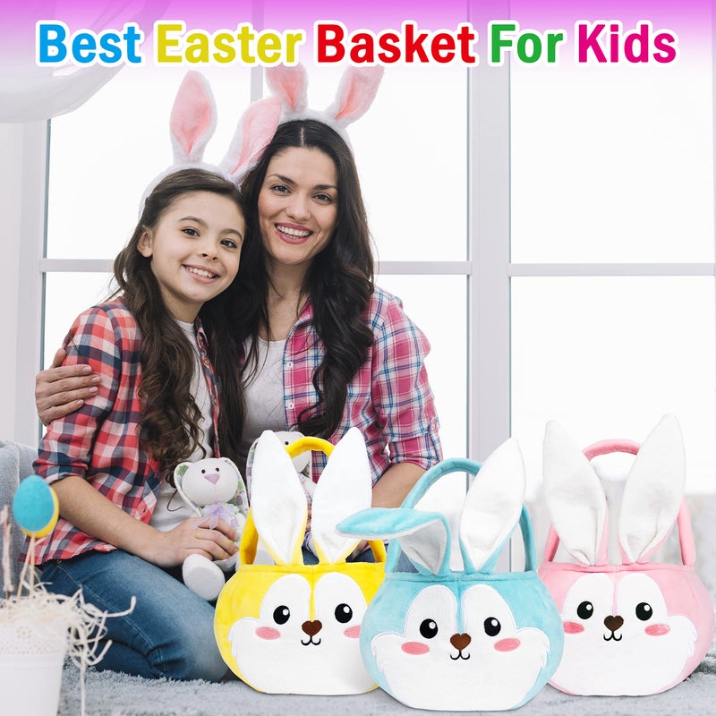 LUBOT Easter Baskets 3 Pack Cute Empty Bunny Basket with Foldable Ears and Handle for Kids Boy Girl Gift, Easter Decor Set 3 Pink Blue Yellow - Image 2