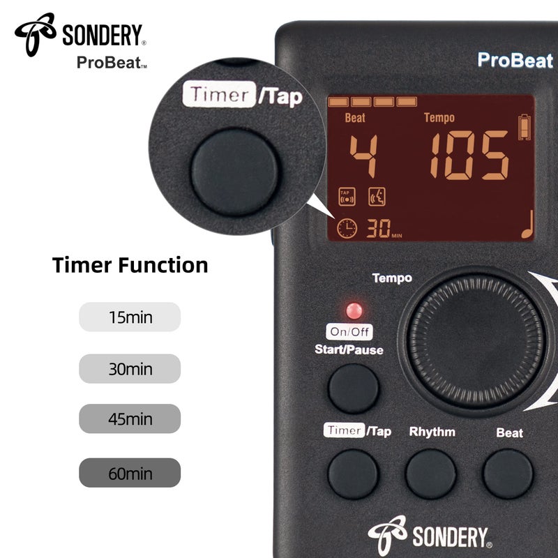 Sondery مترونوم سوندرى الرقمي للجيتار والبيانو والدرام وجميع الآلات مع مؤقت، عد صوتي إنجليزي و3 أصوات مختلفة مع جاك سماعة وضوء وامض، صوت عالٍ، قابل لإعادة الشحن - Image 5