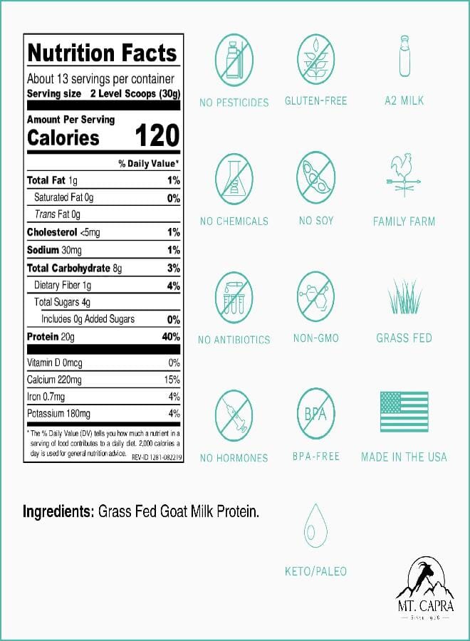 Mt Capra Mt. Capra Clean Whole Protein | Grass-Fed Goat Protein with Whey and Casein Protein | No Bloat, Build and Maintain Muscle, 20 g Protein per Serving, No Sweeteners | 13 Servings - 400 g - Image 2