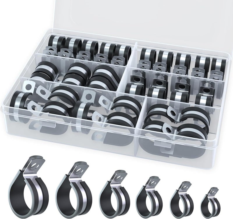 Allwin 40PCS Cable Clamps Set - Rubber Cushioned 304 Stainless Steel Hose Clamps Loop Clamps Pipe Clamps, Automotive Cable Wire Clamps, Metal Clamp-6 Sizes(1/4'' 5/16'' 3/8'' 1/2'' 5/8'' 3/4'') - Image 1
