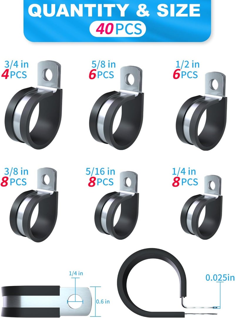 Allwin 40PCS Cable Clamps Set - Rubber Cushioned 304 Stainless Steel Hose Clamps Loop Clamps Pipe Clamps, Automotive Cable Wire Clamps, Metal Clamp-6 Sizes(1/4'' 5/16'' 3/8'' 1/2'' 5/8'' 3/4'') - Image 2