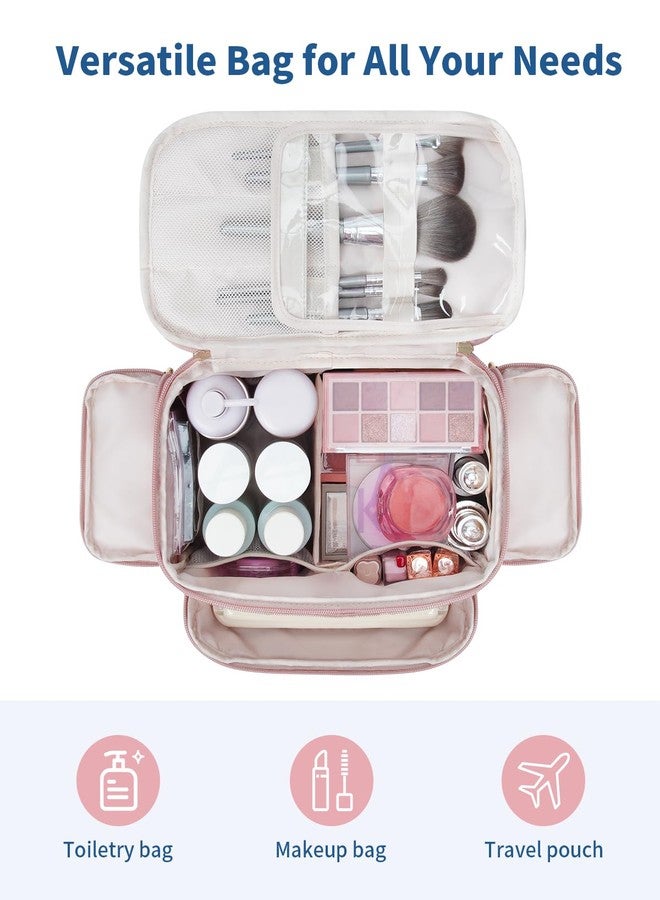 WANDF Travel Toiletry Bag for Women, Wide-open Large Makeup Bag with Handle, Puffy Makeup Organizer for Toiletries, Cosmetics, Accessories, Essentials (Dusty Pink) - Image 2