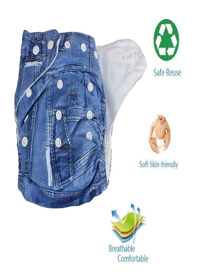 Miracle Moms Reusable Cloth Diaper With Microfiber Insert Adjustable Waist & Height with snap Buttons, Absorbent Insert- Denim Print Cotton Cloth Nappies (Pack of 2 Diaper + 2 Inserts) - Image 3
