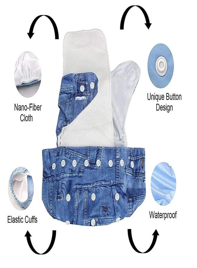 Miracle Moms Reusable Cloth Diaper With Microfiber Insert Adjustable Waist & Height with snap Buttons, Absorbent Insert- Denim Print Cotton Cloth Nappies (Pack of 2 Diaper + 2 Inserts) - Image 4