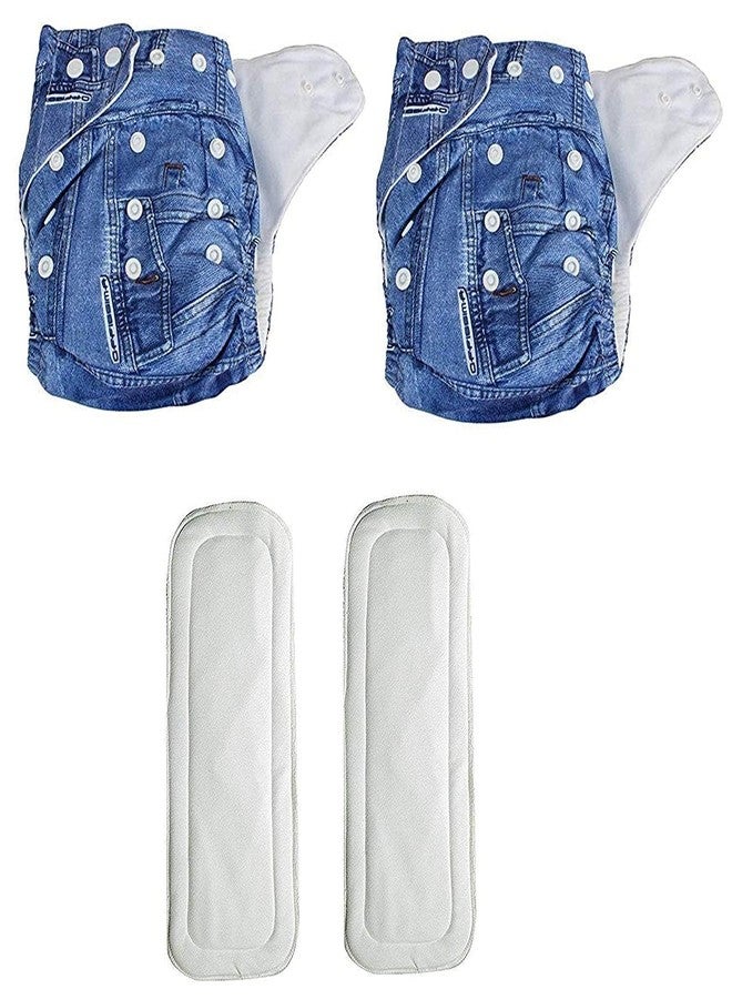 Miracle Moms Reusable Cloth Diaper With Microfiber Insert Adjustable Waist & Height with snap Buttons, Absorbent Insert- Denim Print Cotton Cloth Nappies (Pack of 2 Diaper + 2 Inserts) - Image 1