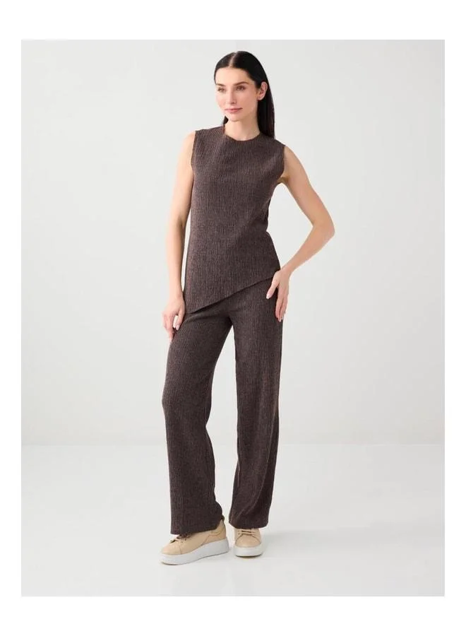 جيمي كي بنطلون قماش مطاطي طويل بحزام عادي وساق واسعة بلون مزيج القهوة