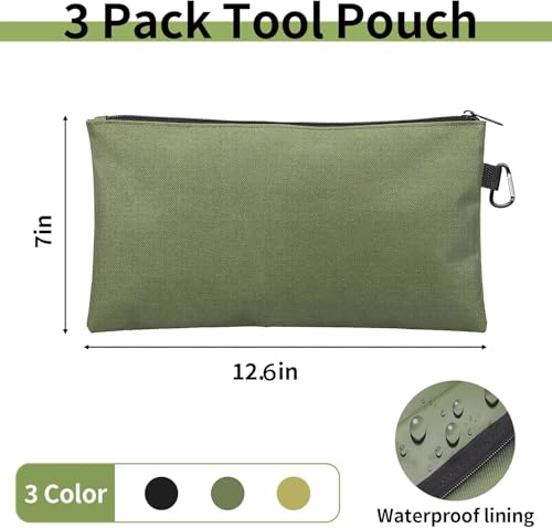 Coidea 3 Pack Tool Bag Zipper Pouch, Premium Tool Pouch, Utility Multipurpose Storage Organizer Tool Pouches with Carabiner Metal Zipper for Tools, Stationary, Pencil Pouch (3 Pack, Tan, Navy Green, Black) - Image 2