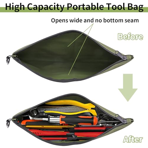 Coidea 3 Pack Tool Bag Zipper Pouch, Premium Tool Pouch, Utility Multipurpose Storage Organizer Tool Pouches with Carabiner Metal Zipper for Tools, Stationary, Pencil Pouch (3 Pack, Tan, Navy Green, Black) - Image 4