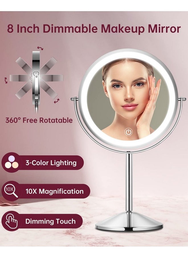 Gospire - 8 Inch Lighted Makeup Mirror 1X/10X Magnifying Led Makeup Mirror 3 Color Dimmable Lighting Modes Rechargeable Cordless Cosmetic Mirror With Touch Control Vanity Mirror 360° Rotation (Chrome) - Image 1