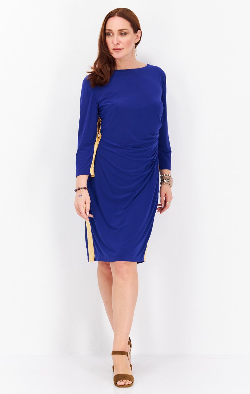 Kasper  Women Boat Neck Long Sleeve Plain Midi Dress, Blue - Image 3