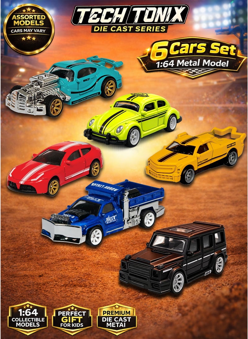 TECHTONICS TechTonix Die Cast Metal Toy Cars Set 6 Pieces 1:64 Scale Mini Racing Cars Collectible Diecast Vehicle Set Metal Model Sports Cars Toy Cars for Kids Boys Girls Assorted Models Mini Car Collection Gift Toy Vehicle Set - Image 1