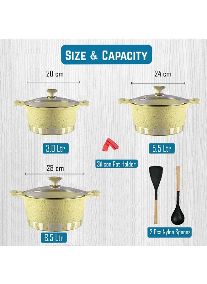 RK ROYAL KITCHEN Cresta Classic Non Stick Diecast Casserole Set – 10 Pcs with Glass Lids & Nylon Spoons, Sizes 20, 24, 28 cm, High-Quality Aluminium, Marble Coated Creamy White Beige, Food Grade, Stylish Design, Durable and Easy to Clean  - Image 4