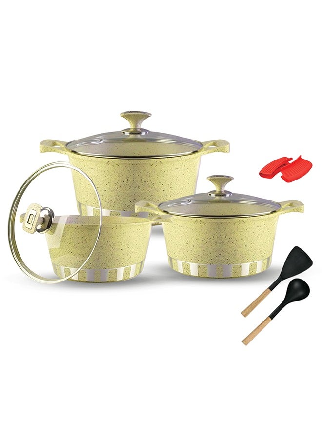 RK ROYAL KITCHEN Cresta Classic Non Stick Diecast Casserole Set – 10 Pcs with Glass Lids & Nylon Spoons, Sizes 20, 24, 28 cm, High-Quality Aluminium, Marble Coated Creamy White Beige, Food Grade, Stylish Design, Durable and Easy to Clean  - Image 1