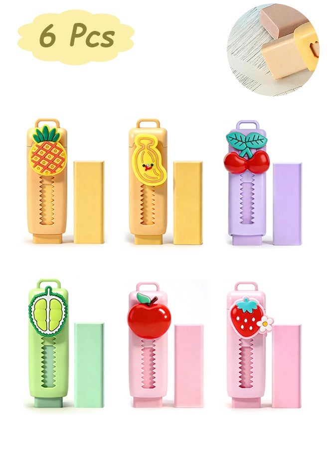 MXN 6 Pcs Cute Fruit Retractable Erasers Sliding Eraser Push-Pull Eraser with Replaceable Refill for Kids School Supplies - Image 1