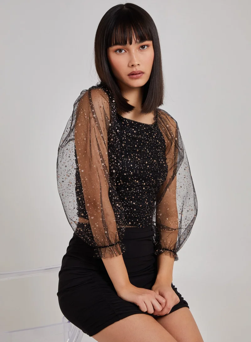 Pink Vanilla Glitter Ruched Top With Sheer Balloon Sleeve