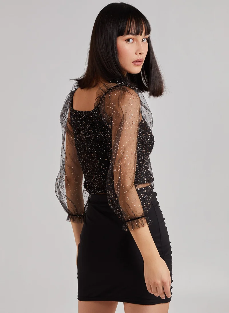 Pink Vanilla Glitter Ruched Top With Sheer Balloon Sleeve