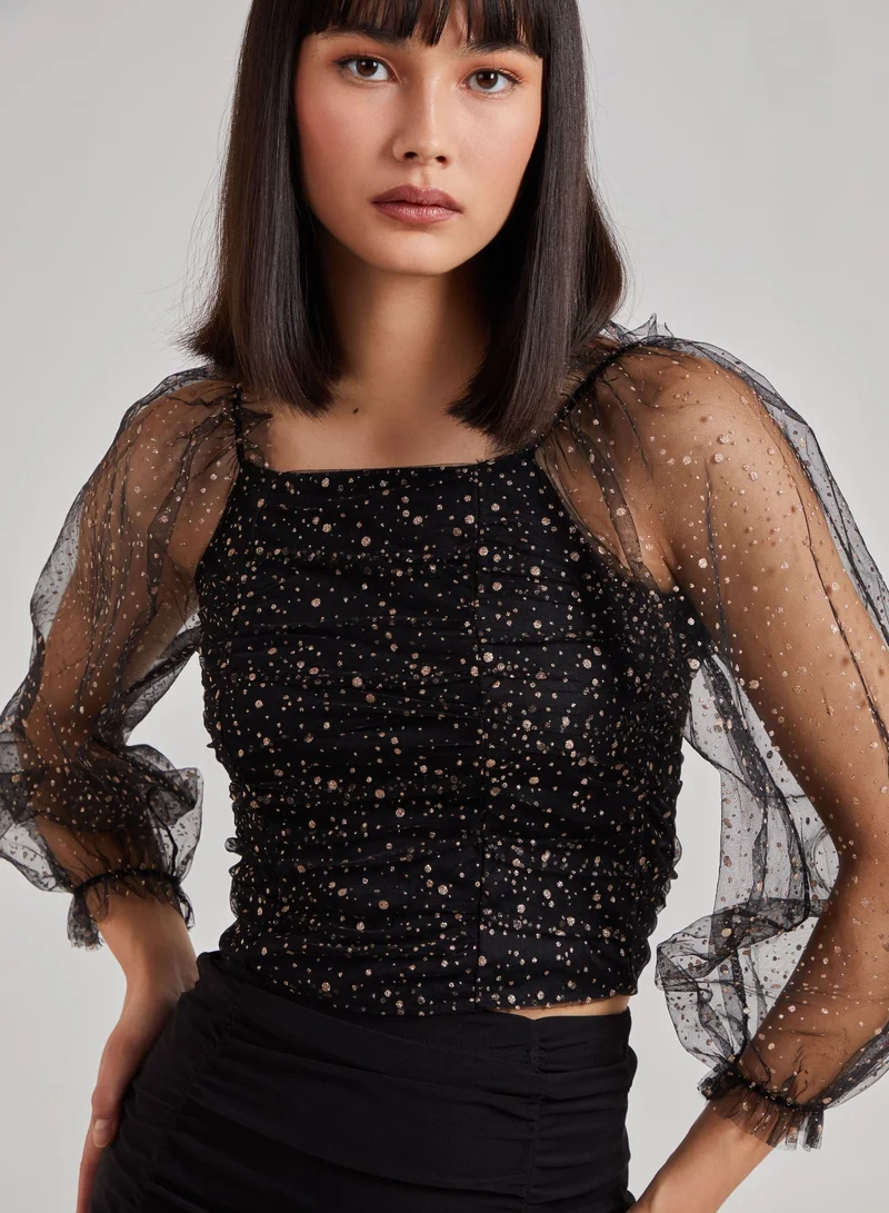 Pink Vanilla  Glitter Ruched Top With Sheer Balloon Sleeve for Women | Best Price UAE
