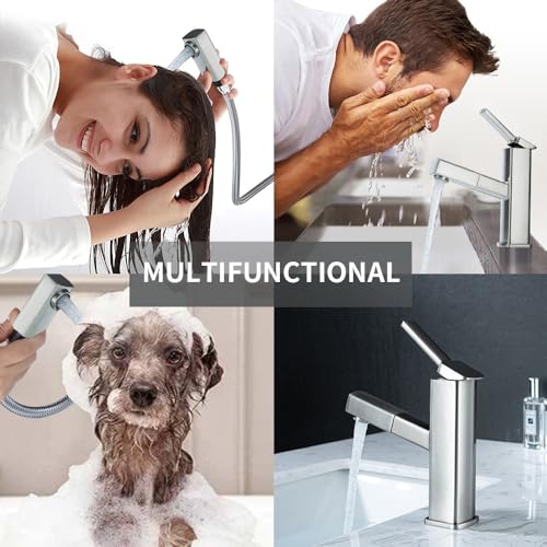 KAIYING Bathroom Sink Faucet with Pull Out Sprayer, Single Hole Utility Bar Sink Faucet, Lavatory Pull Down RV Sink Faucets with Rotating Spout, Single Handle (Regular, Brushed Nickel) - Image 2