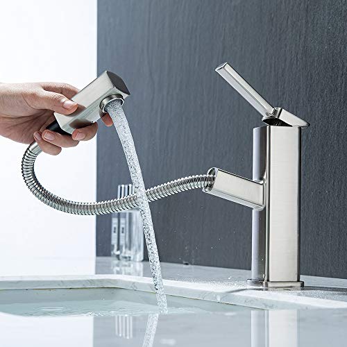 KAIYING Bathroom Sink Faucet with Pull Out Sprayer, Single Hole Utility Bar Sink Faucet, Lavatory Pull Down RV Sink Faucets with Rotating Spout, Single Handle (Regular, Brushed Nickel) - Image 1