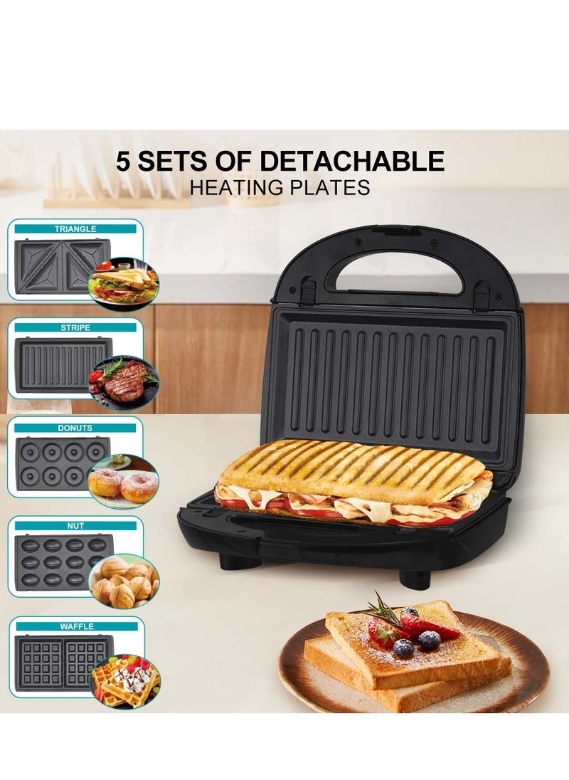 Winning Star 5 in 1 Electric Sandwich Maker, Panini Press Grill,  Waffle Iron, Donuts Maker, Nuts Maker Set with Removable Non-Stick Plates, Multi-Snack Maker Perfect for Cooking Grilled Cheese, Burgers, Steaks and Snacks  - Image 1