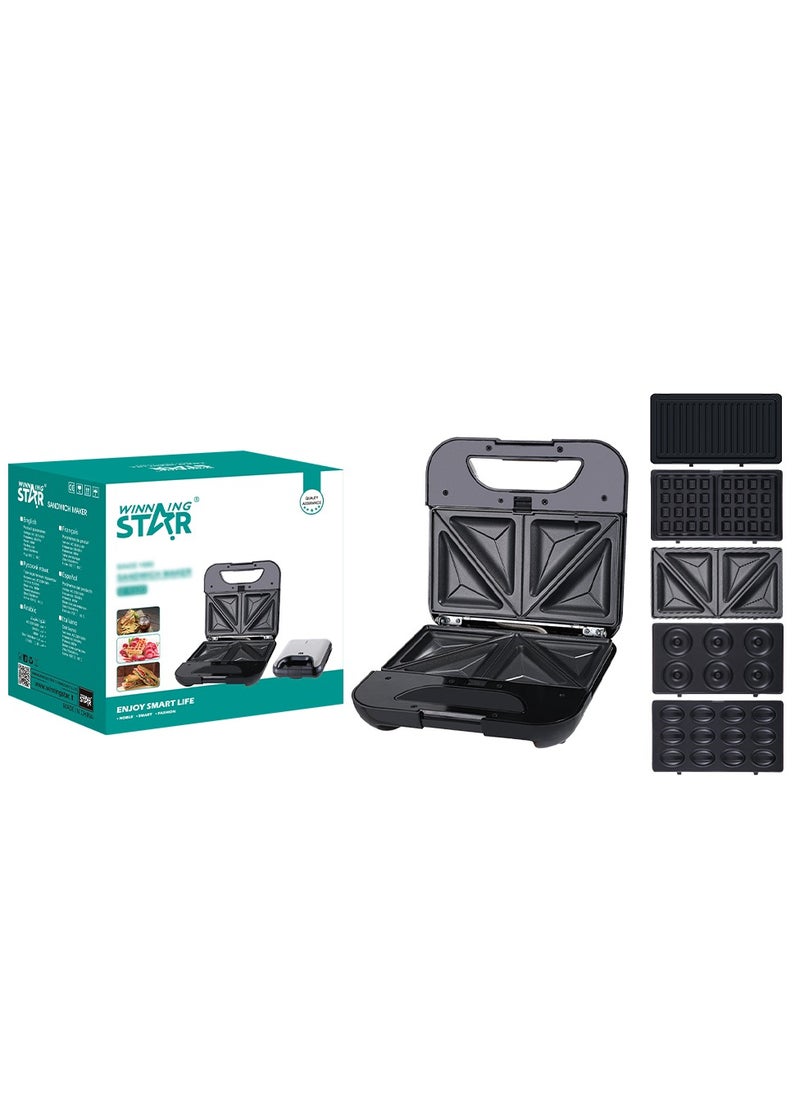 Winning Star - 5 in 1 Electric Sandwich Maker, Panini Press Grill,  Waffle Iron, Donuts Maker, Nuts Maker Set with Removable Non-Stick Plates, Multi-Snack Maker Perfect for Cooking Grilled Cheese, Burgers, Steaks and Snacks - Image 1