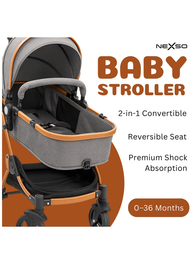 Nexso 2-in-1 Convertible Grey Baby Stroller | Lightweight Travel Stroller with Reversible Seat, UV Canopy, Rubber Wheels, Shock Absorption, One-Hand Fold & 5-Point Harness – Strollers & Prams - Image 2