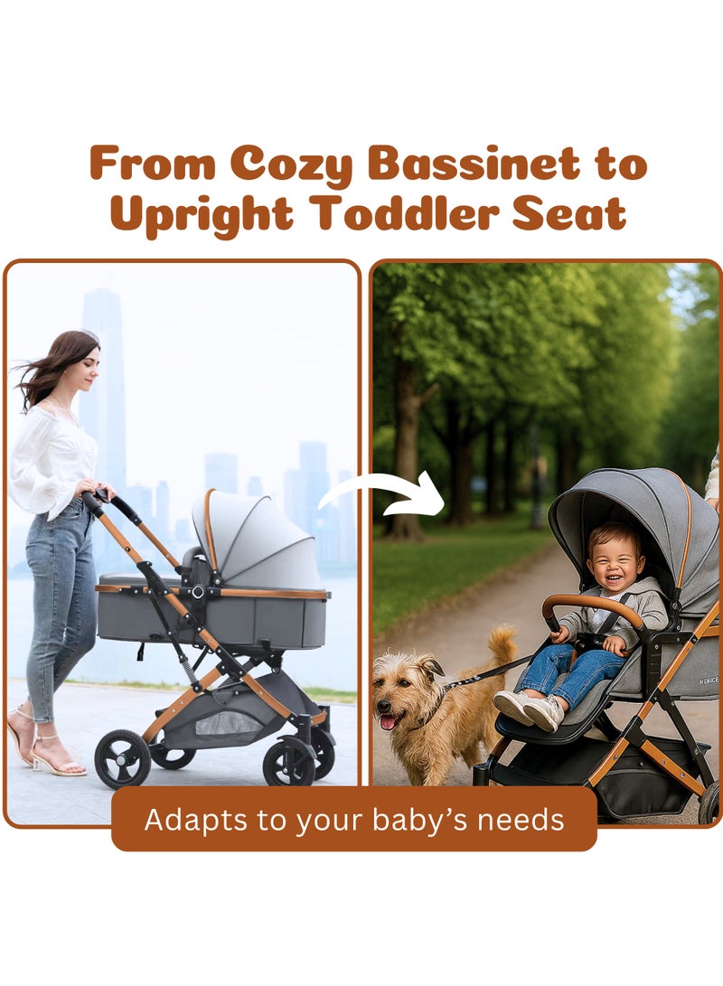 Nexso 2-in-1 Convertible Grey Baby Stroller | Lightweight Travel Stroller with Reversible Seat, UV Canopy, Rubber Wheels, Shock Absorption, One-Hand Fold & 5-Point Harness – Strollers & Prams - Image 3