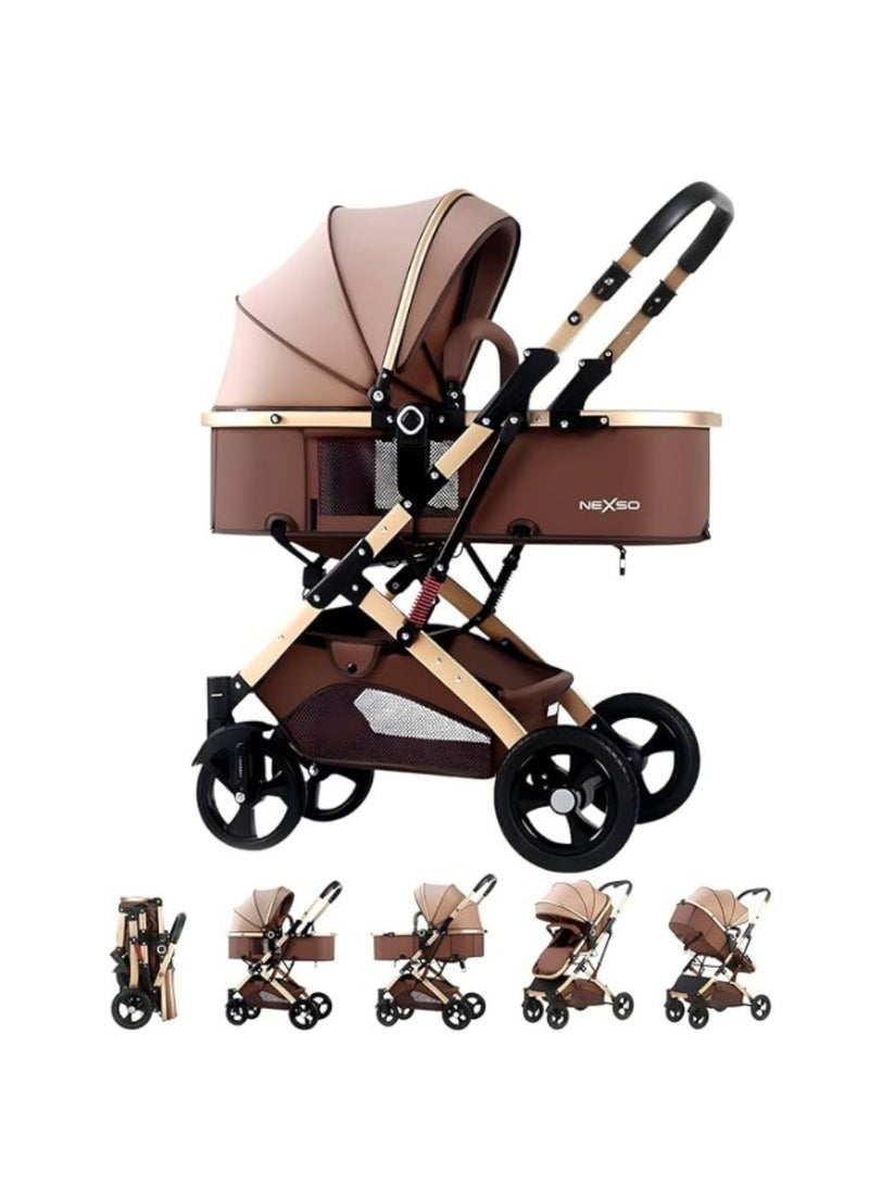 Nexso 2-in-1 Convertible Brown Baby Stroller | Lightweight Travel Stroller with Reversible Seat, UV Canopy, Rubber Wheels, Shock Absorption, One-Hand Fold & 5-Point Harness – Strollers & Prams - Image 1