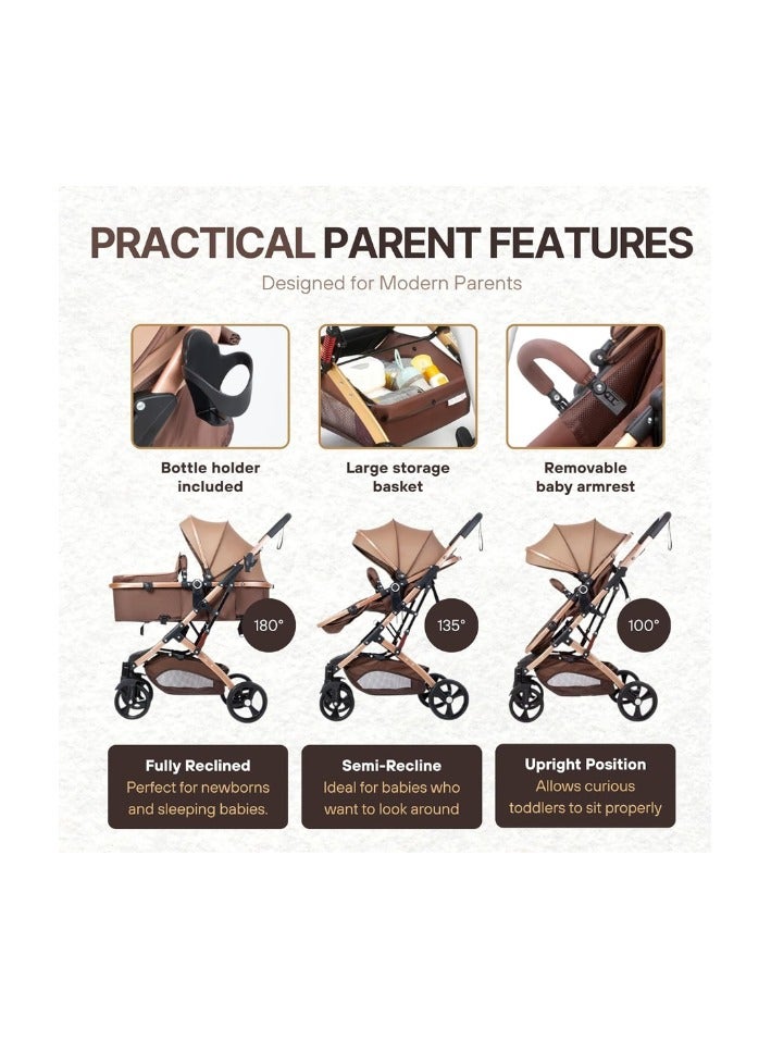 Nexso 2-in-1 Convertible Brown Baby Stroller | Lightweight Travel Stroller with Reversible Seat, UV Canopy, Rubber Wheels, Shock Absorption, One-Hand Fold & 5-Point Harness – Strollers & Prams - Image 3