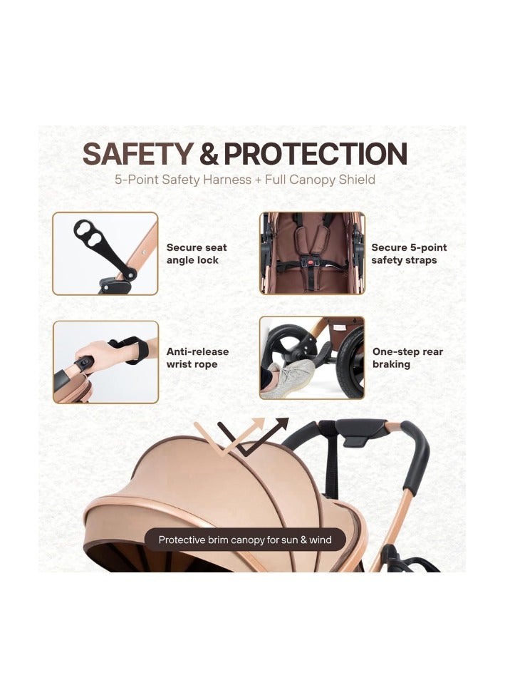 Nexso 2-in-1 Convertible Brown Baby Stroller | Lightweight Travel Stroller with Reversible Seat, UV Canopy, Rubber Wheels, Shock Absorption, One-Hand Fold & 5-Point Harness – Strollers & Prams - Image 4