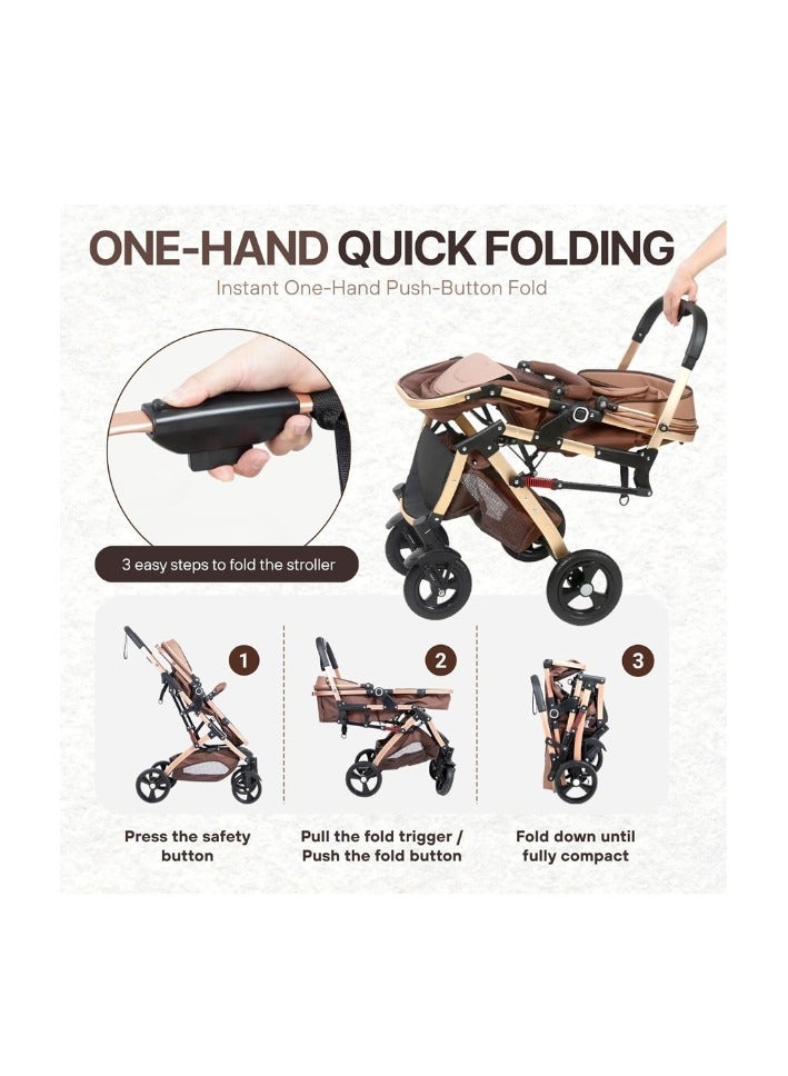 Nexso 2-in-1 Convertible Brown Baby Stroller | Lightweight Travel Stroller with Reversible Seat, UV Canopy, Rubber Wheels, Shock Absorption, One-Hand Fold & 5-Point Harness – Strollers & Prams - Image 5