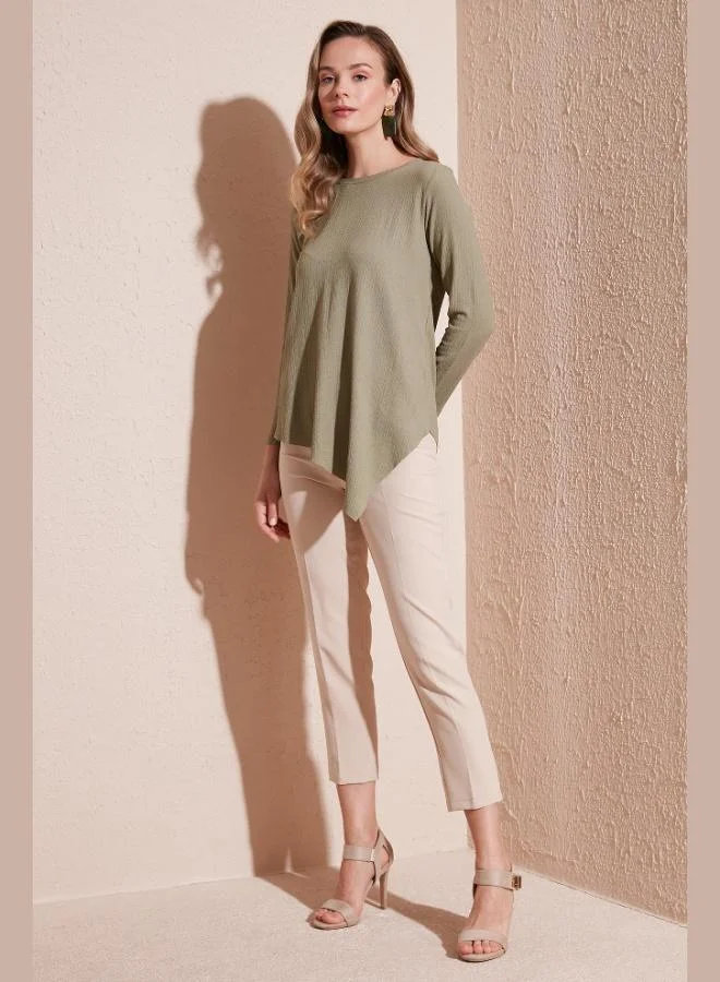 Lela Lela Crew Neck Flexible Textured Asymmetrical Blouse Women's BLOUSE 5864971