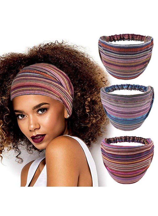 CAKURE Boho Wide Headbands African Head Wraps Stretchy Hairbands Stripe Turban Head Bands For Women And Girls Pack Of 3 (Set1) - Image 1