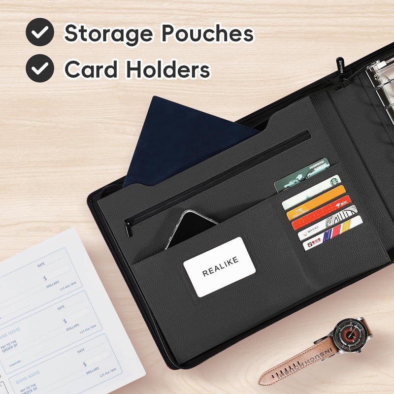 REALIKE Zippered Business Checkbook Binder for Business Checks, 7 Ring Check Binder for 9x13 Sheets,600 Checks Capacity, PU Leather Portfolio with Zipper Pouch & Storage Organizer - Image 5