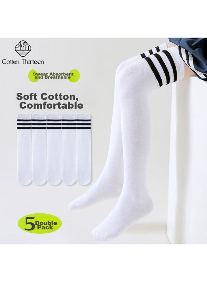 Cotton Thirteen Mianshisan جوارب أطفال، جوارب طويلة للخريف والشتاء، جوارب بنات ، جوارب طويلة للأطفال الأكبر سناً، 5 أزواج - Image 1