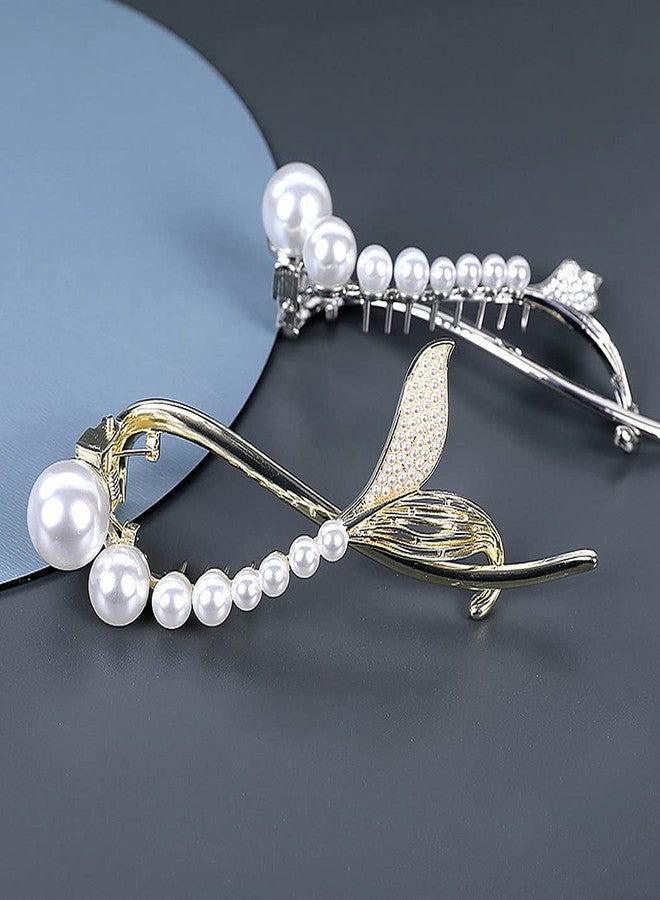 Sinide Rhinestone Pearl Hair Clips, 2 Pack Metal Hair Barrette Jaw for Thin Thick Curly Hair Non-Slip Hair Claws Hair Accessories for Women, Lady, Girls, Ponytail Maker Holder Grip Hair Clamp Clasp Clip - Image 2