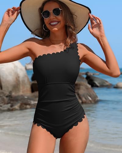 Charmo One Piece Swimsuits Women Ribbed Full Coverage Bathing Suit Women One Shoulder Slimming Swim Suits Cutout Swimwear Black M - Image 5