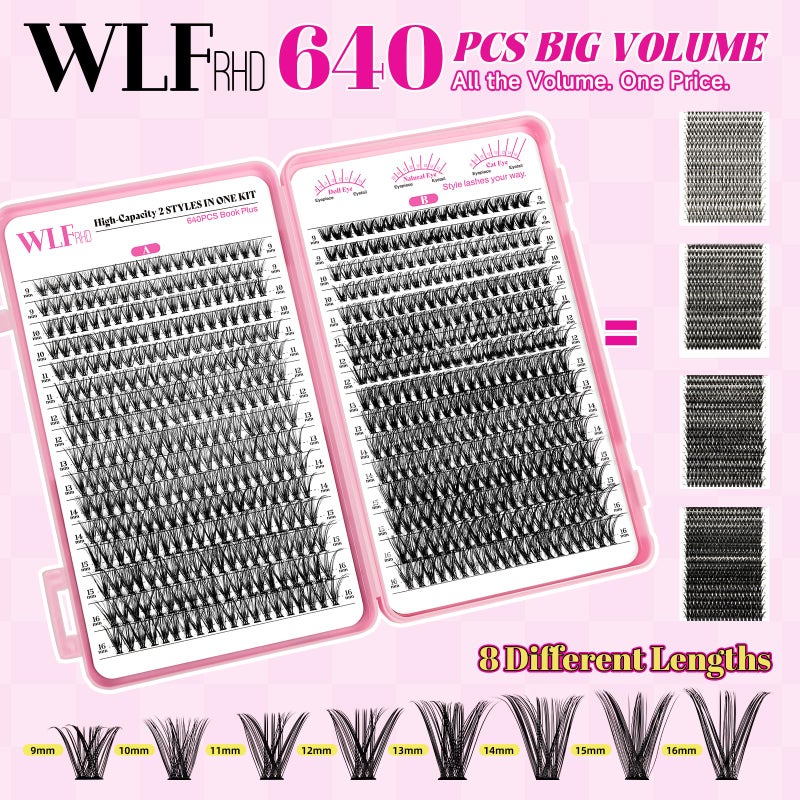 WLFRHD WLF Lash Clusters Kit 640 Pcs Lash Extension Kit Individual Lashes D Curl Clusters Eyelashes Extensions Kit with Lash Book Eyelash Bond and Seal Remover Tweezers Brush(Mix 9-16mm,30D+40D Kit) - Image 3