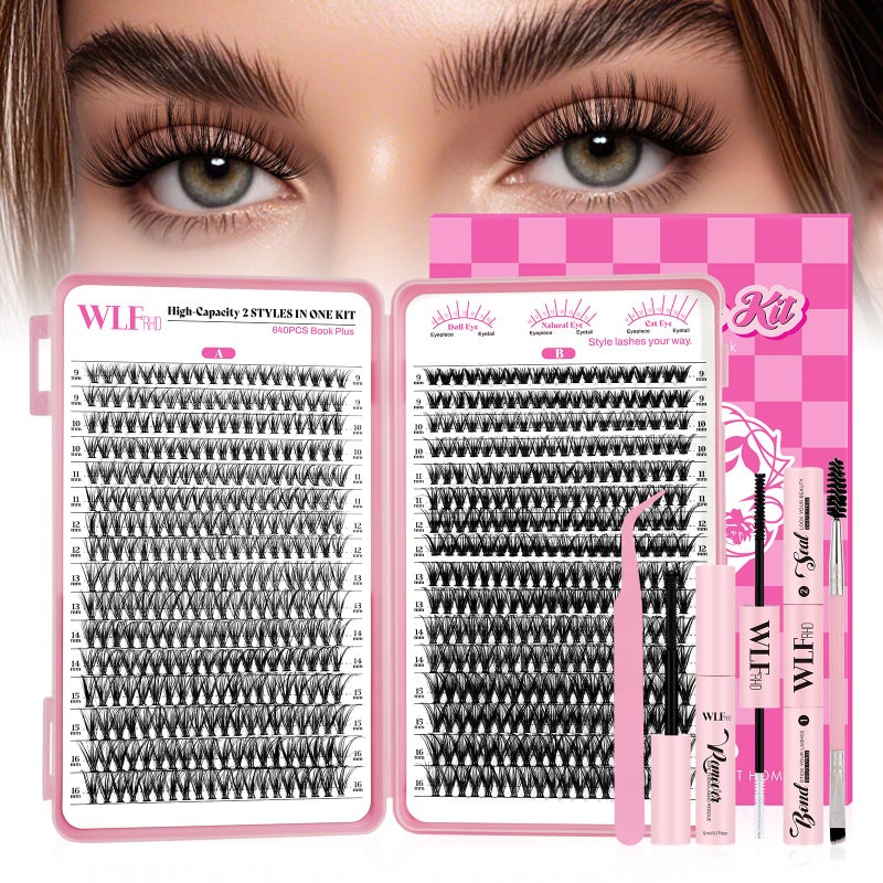WLFRHD WLF Lash Clusters Kit 640 Pcs Lash Extension Kit Individual Lashes D Curl Clusters Eyelashes Extensions Kit with Lash Book Eyelash Bond and Seal Remover Tweezers Brush(Mix 9-16mm,30D+40D Kit) - Image 1