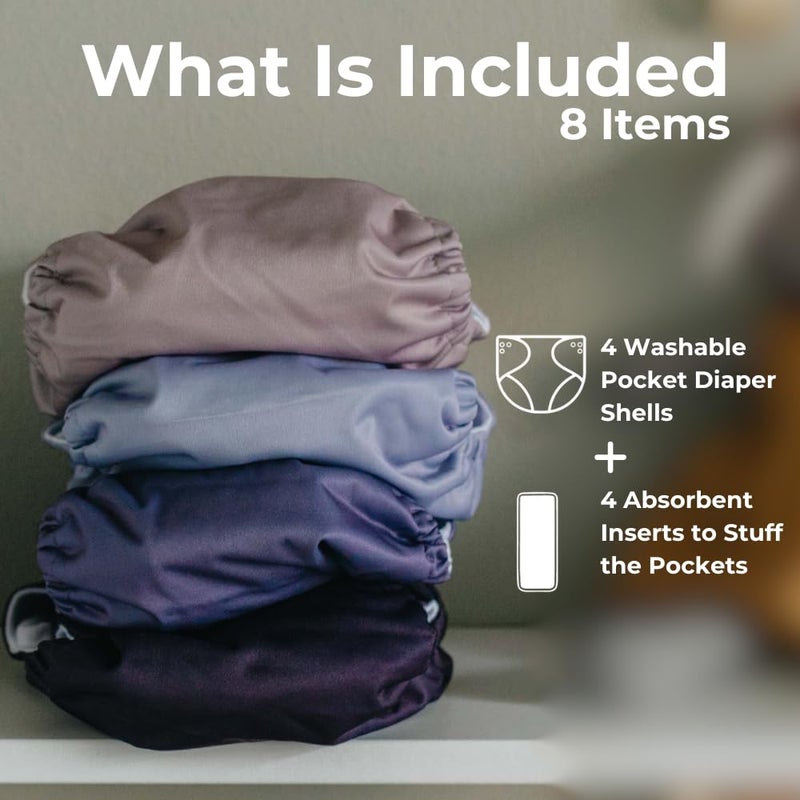 Nora's Nursery Cloth Pocket Diapers 4 Pack with 4 Inserts - Waterproof Cover, Washable, Reusable & One Size Adjustable Pocket Diapers for Newborns and Toddlers - Amethyst - Image 2