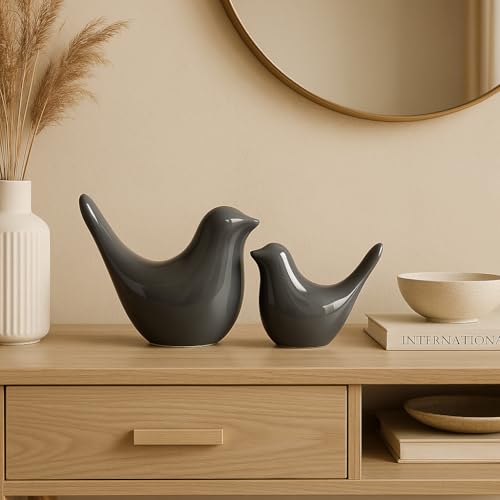 SRJANA Creative Grey Glossy Ceramic Birds Figurines Home Decorations Accessories Party (Pack of 2, Grey) - Image 1