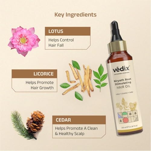 Vedix Niryath Root Stimulating Ayurvedic Hair Oil | Hair Growth With Lotus + Licorice + Cedar - Customized Anti Hair Fall Control Oil - 100ml - Image 2