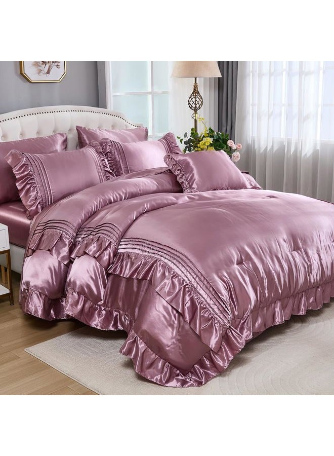 Bedbay Luxury Satin Comforter Set 8 Pieces Queen Comforter with Sheets Silk Like Satin Bed Set Blush Pink Bedding Bed in a Bag 1 Comforter 4 Pillowcasas 1 Flat Sheet 1 Fitted Sheet 1 Cushion Cove - Image 1